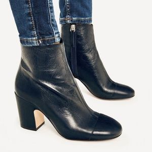 ZARA Navy Blue Leather High Heel Ankle Boots NWT